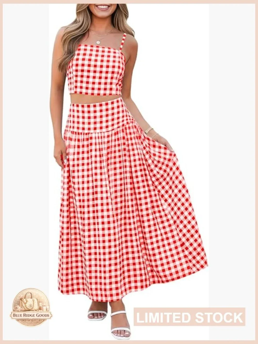 Gingham Crop Tank Midi Skirt Set Vacation Travel Outfits Matching Co Ord